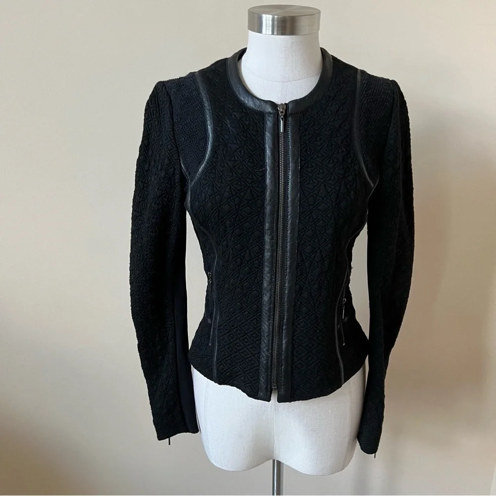Rebecca Taylor Quilted Faux Leather Trim Moto Jacket 17397